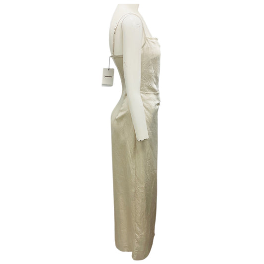 Nanushka Ecru Briar Crinkled Satin Midi Dress with Ruched Detail