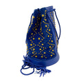 Load image into Gallery viewer, Yves Saint Laurent Rive Gauche Vintage Blue / Gold Studded Suede and Leather Handba
