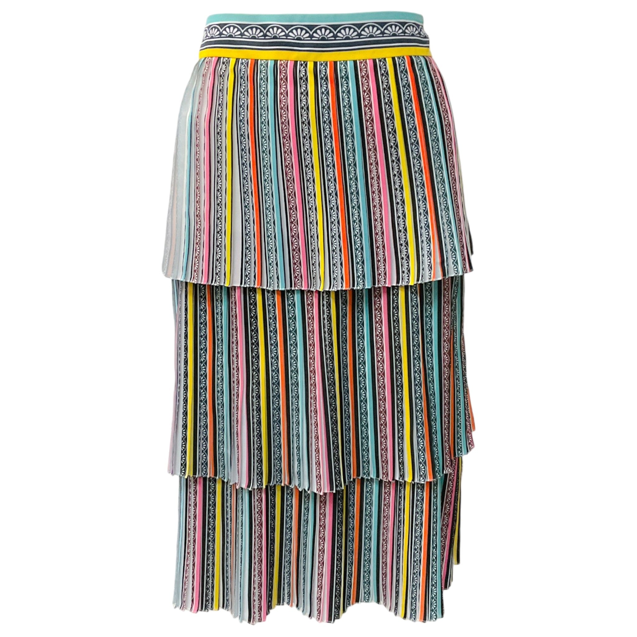 Mary Katrantzou White Multi Striped Pleated Tiered Skirt
