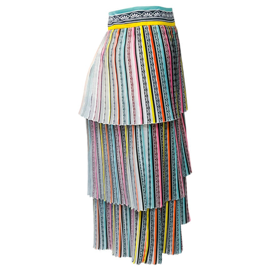 Mary Katrantzou White Multi Striped Pleated Tiered Skirt