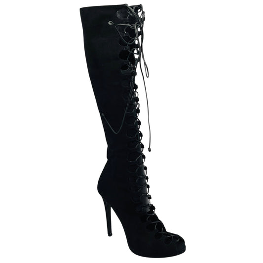 Giambattista Valli Black Suede Open Toe Lace Up Tall Boots