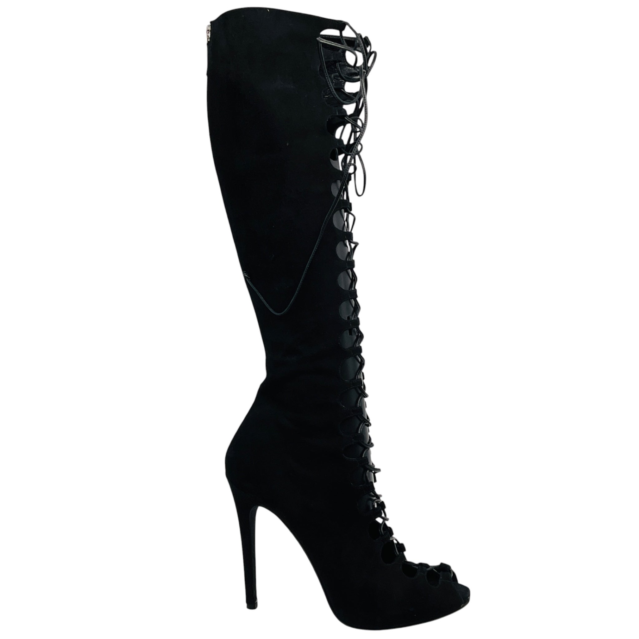 Giambattista Valli Black Suede Open Toe Lace Up Tall Boots