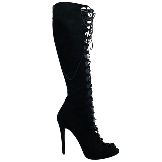 Giambattista Valli Black Suede Open Toe Lace Up Tall Boots