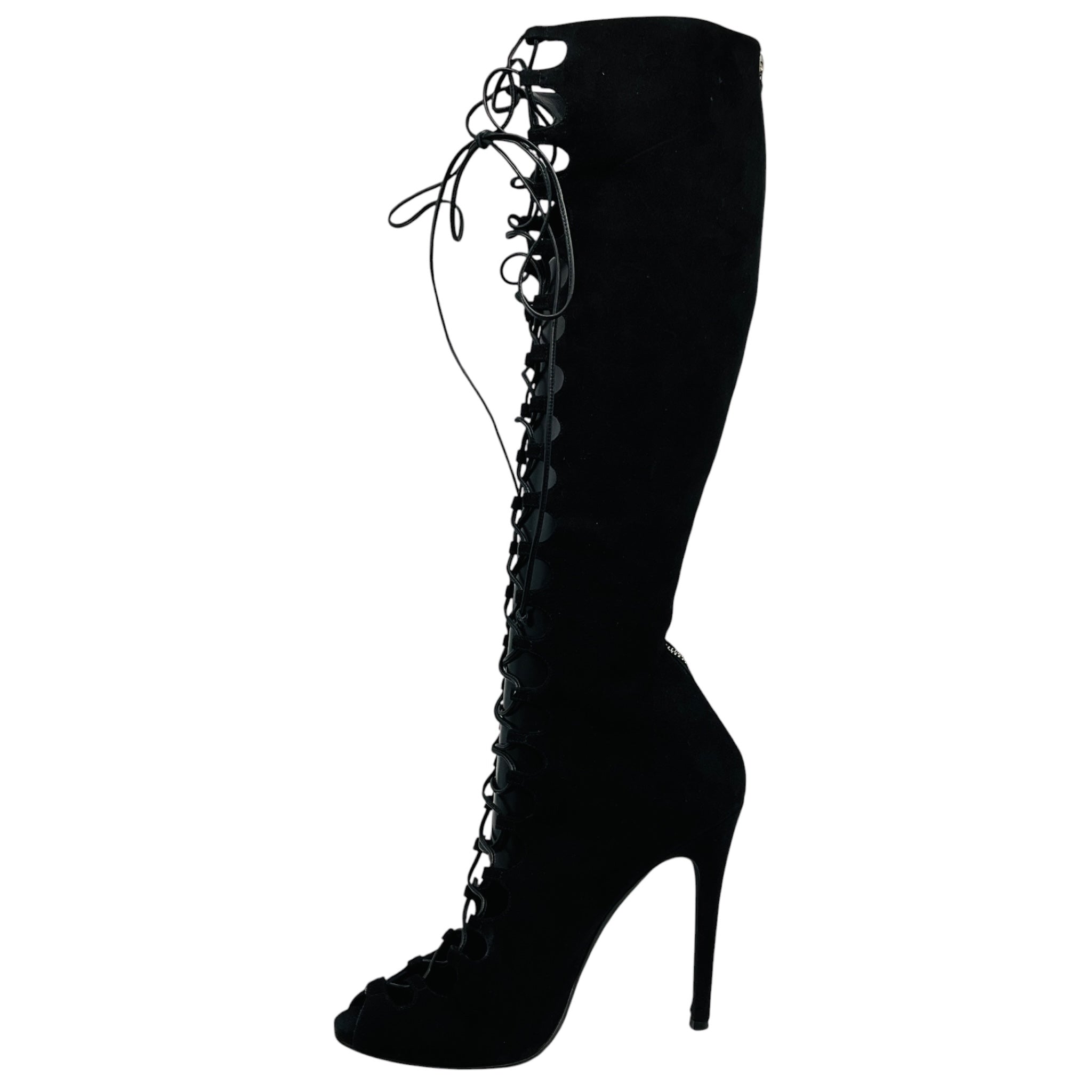 Giambattista Valli Black Suede Open Toe Lace Up Tall Boots