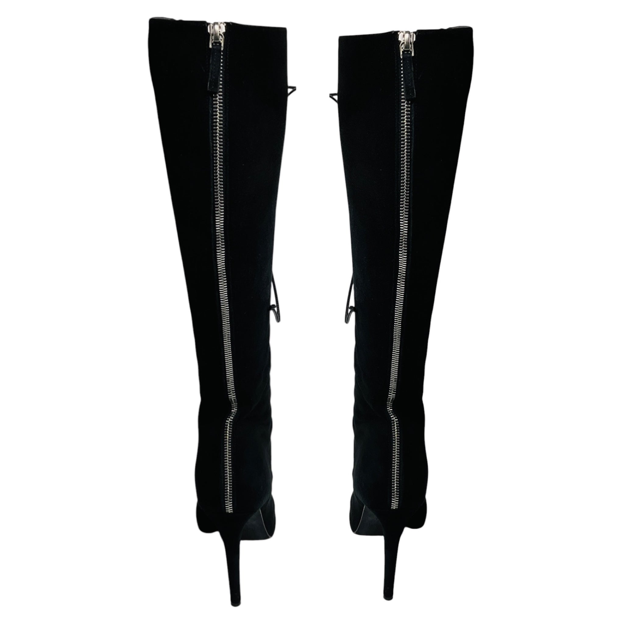 Giambattista Valli Black Suede Open Toe Lace Up Tall Boots