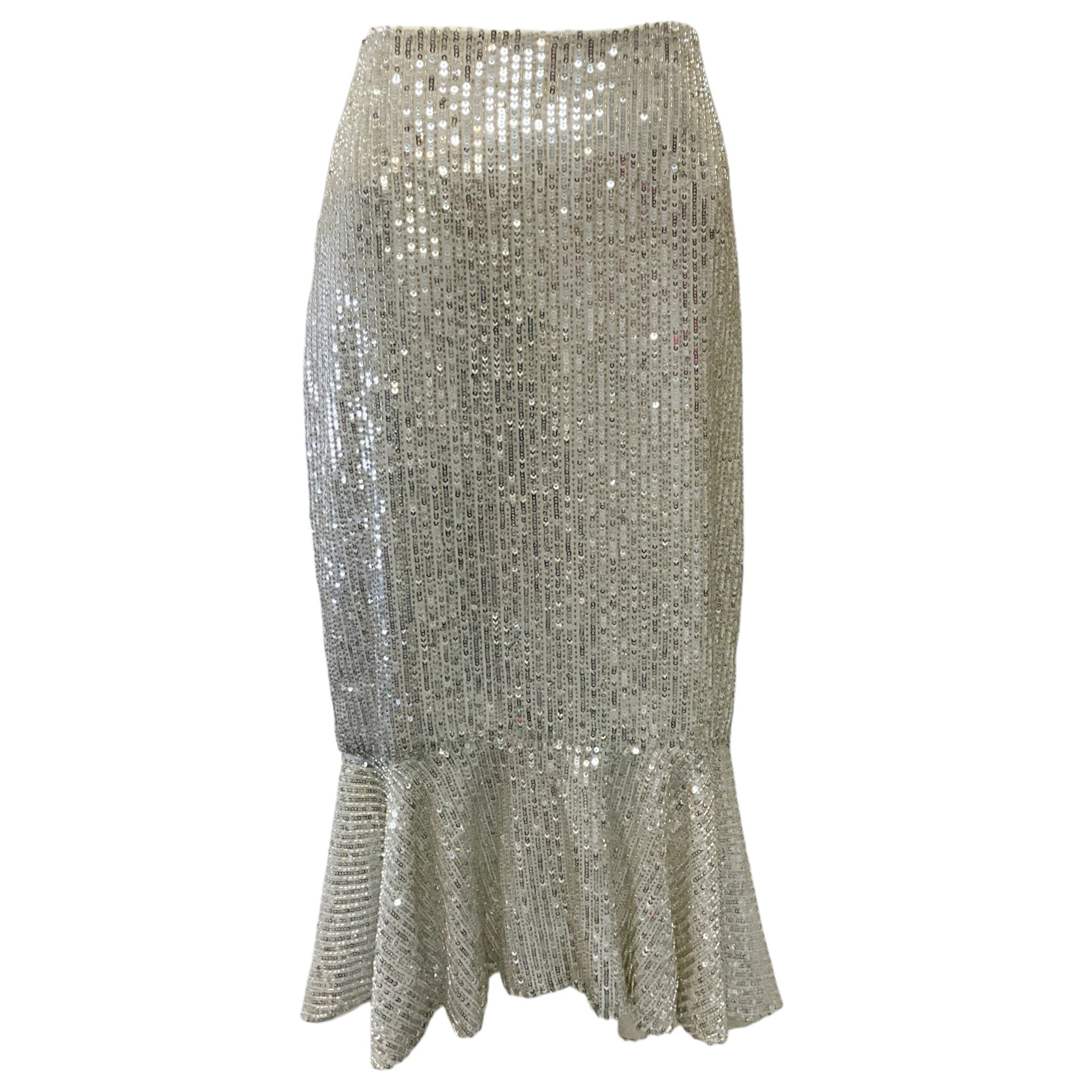 alice + olivia Silver Sequined Trumpet Midi Skirt
