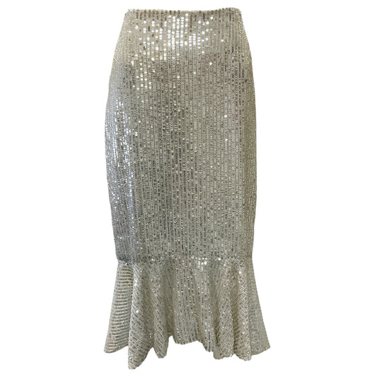 alice + olivia Silver Sequined Trumpet Midi Skirt
