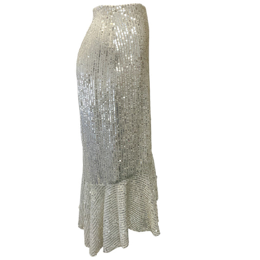 alice + olivia Silver Sequined Trumpet Midi Skirt