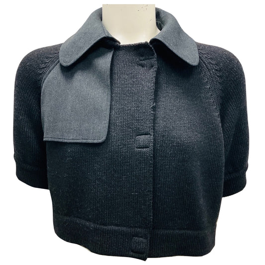 Akris Punto Charcoal Grey Cropped Short Sleeved Wool Knit Sweater