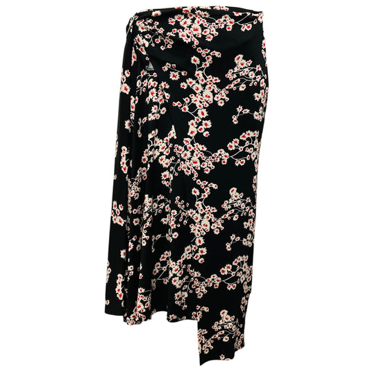 Paco Rabanne Black / White / Red Floral Printed Stretch Jersey Wrap Midi Skirt