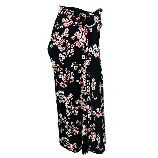 Paco Rabanne Black / White / Red Floral Printed Stretch Jersey Wrap Midi Skirt