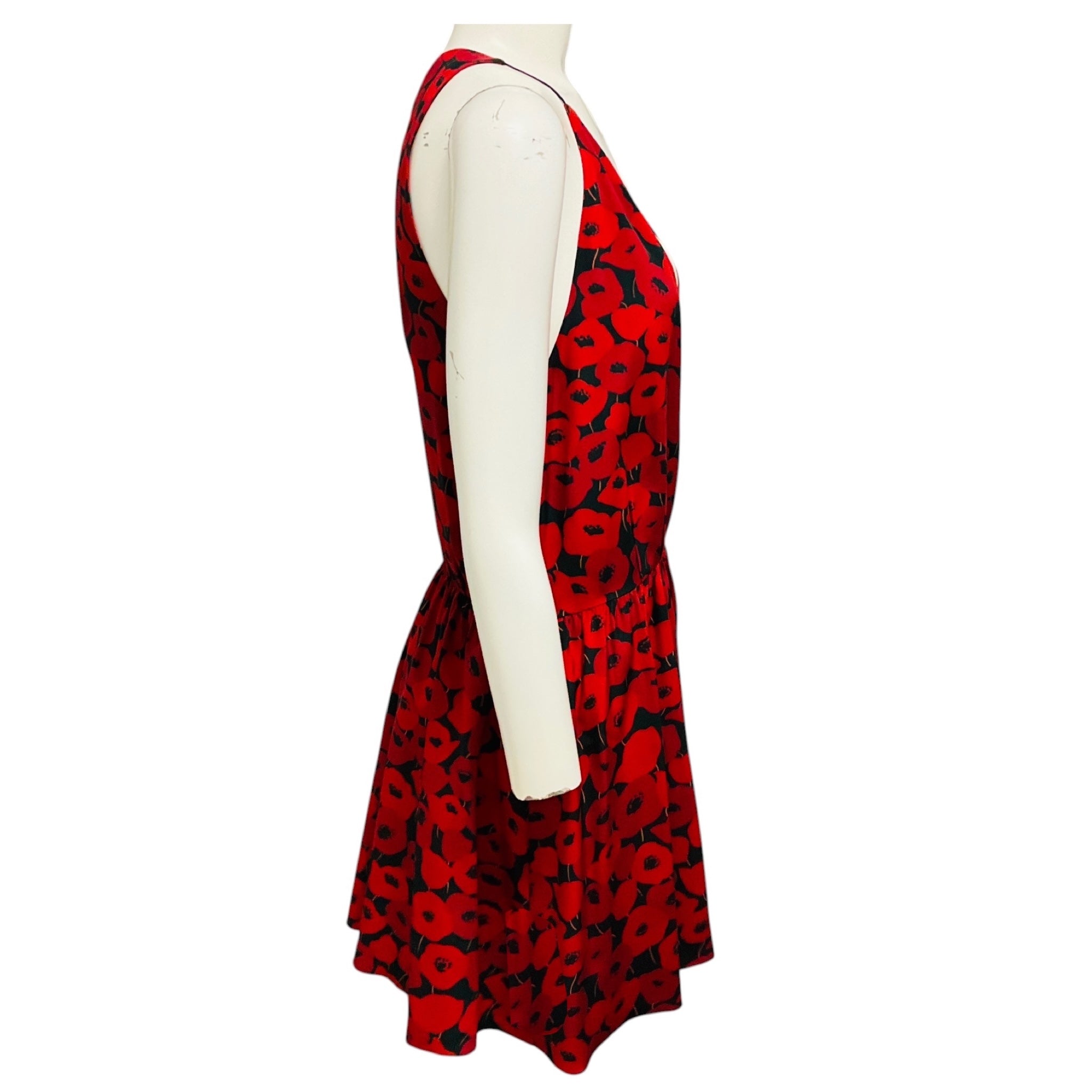 Saint Laurent Red / Black Printed Sleeveless Silk Wrap Mini Dress