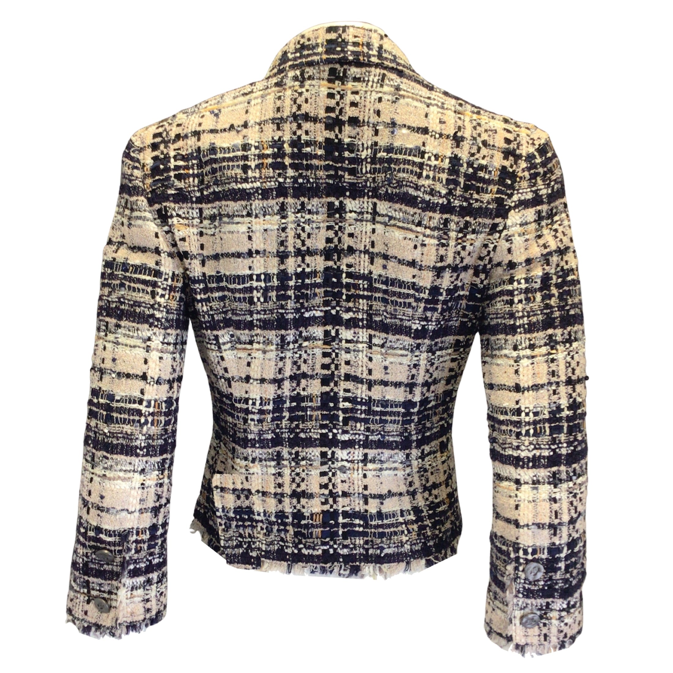 Chanel Navy Blue / Blush Pink Multi Sequined CC Logo Buttoned Silk Lined Cotton Tweed Blazer