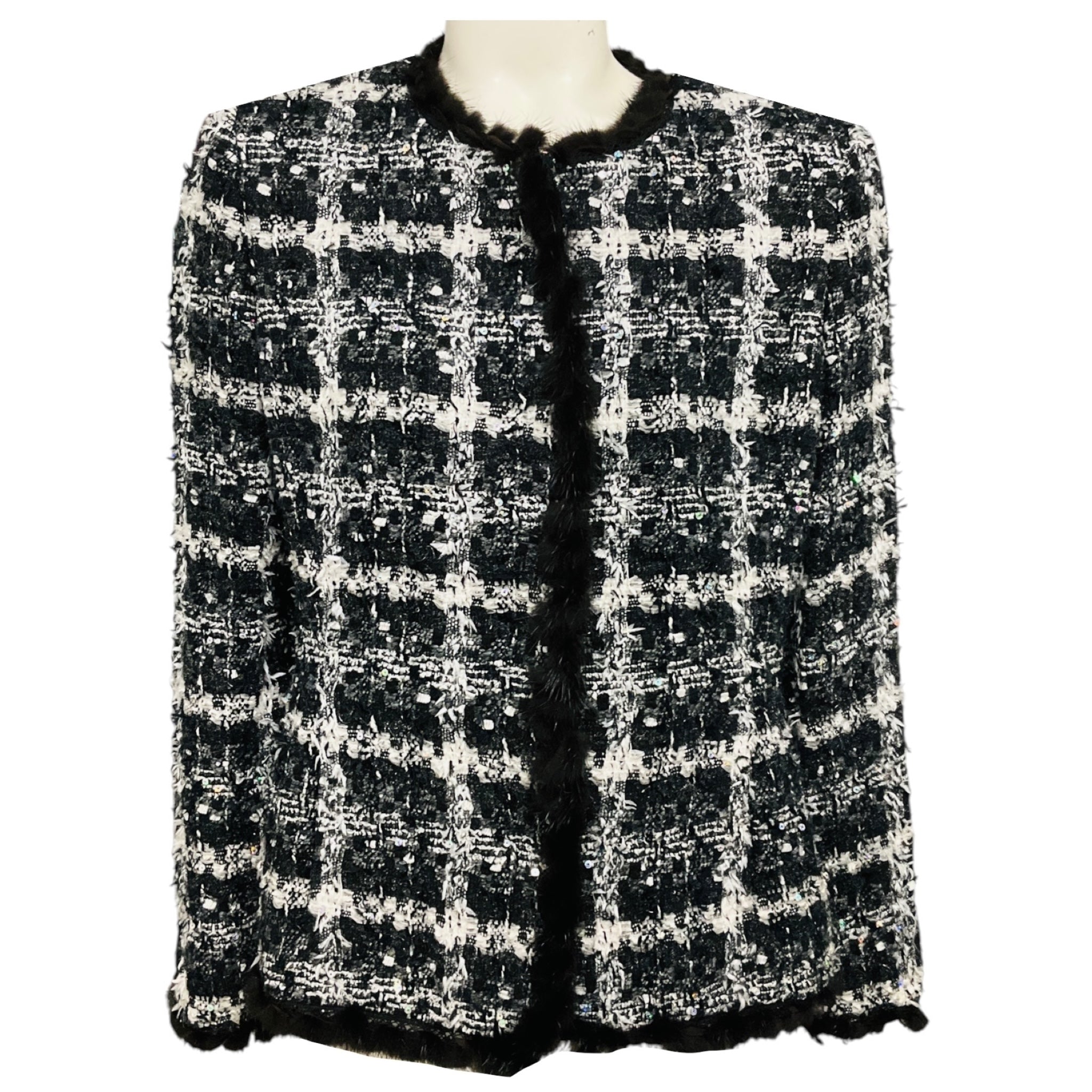 Oscar de la Renta Black / White / Charcoal Grey Tweed Jacket with Mink Fur Trim