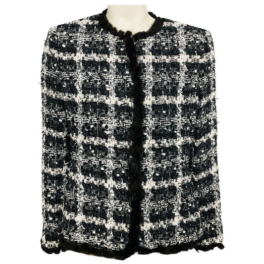 Oscar de la Renta Black / White / Charcoal Grey Tweed Jacket with Mink Fur Trim