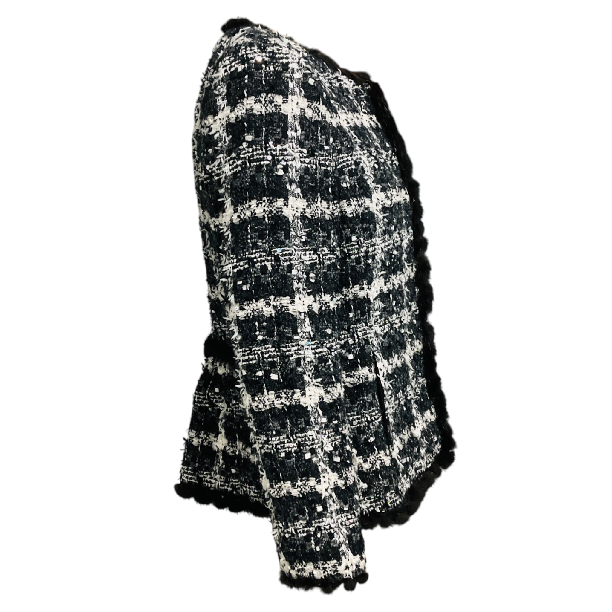 Oscar de la Renta Black / White / Charcoal Grey Tweed Jacket with Mink Fur Trim