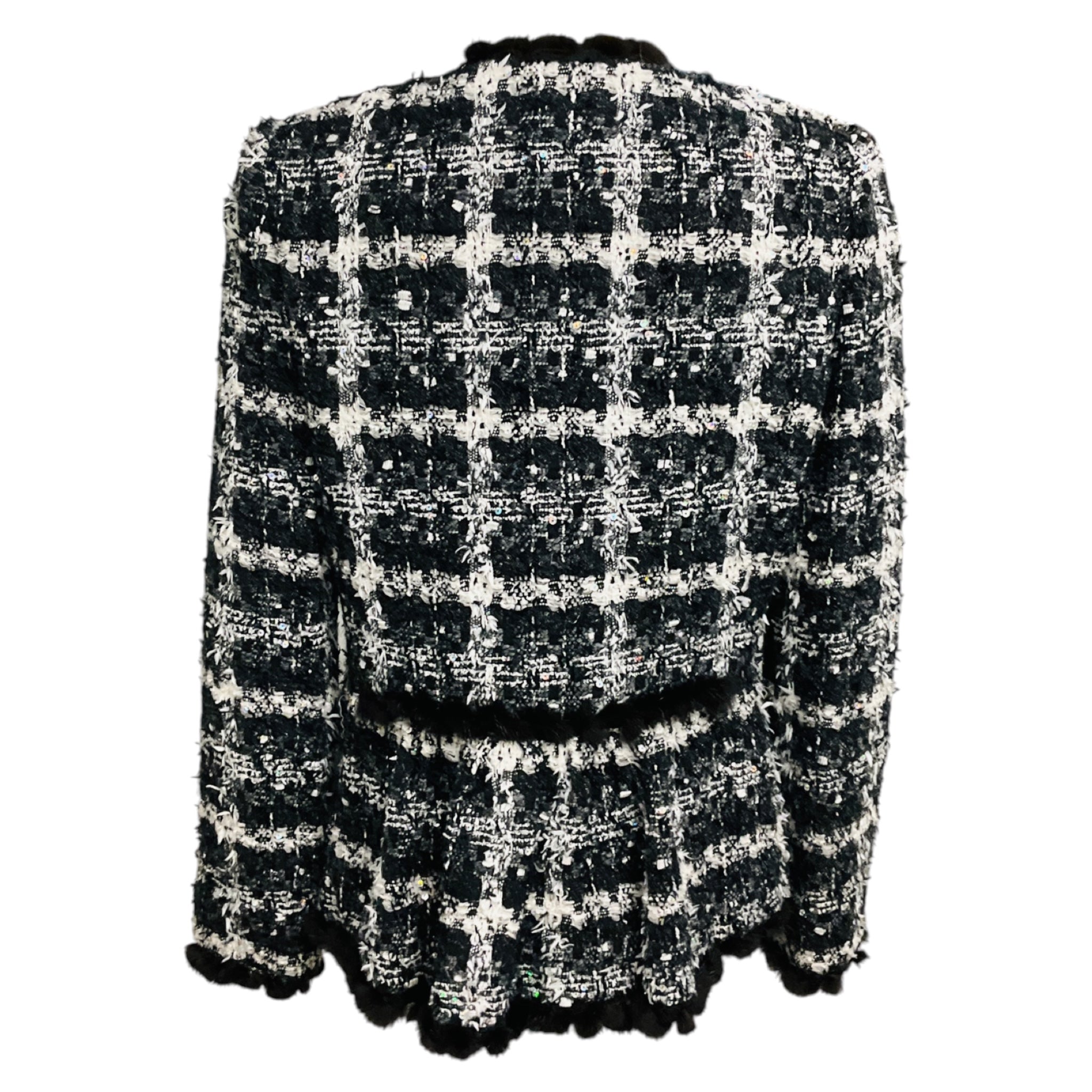 Oscar de la Renta Black / White / Charcoal Grey Tweed Jacket with Mink Fur Trim