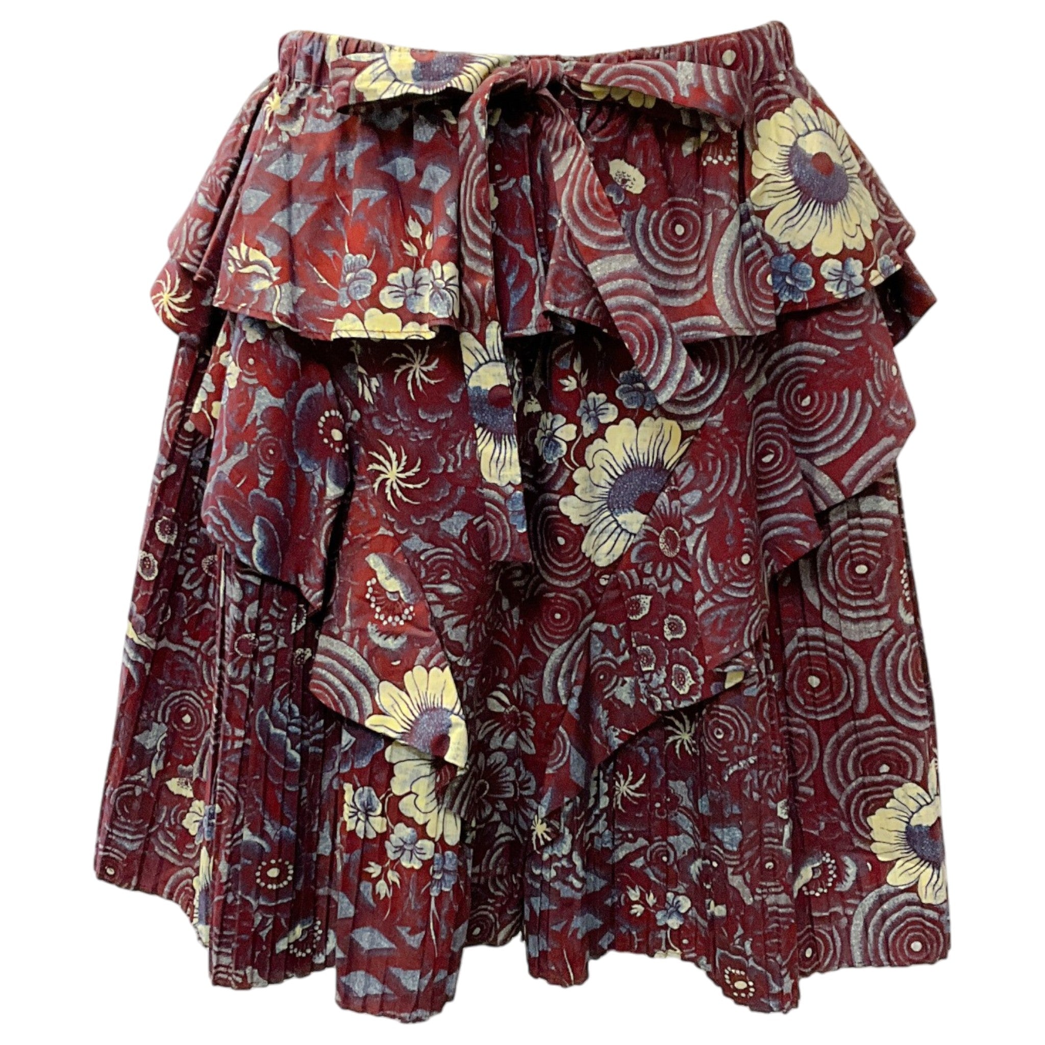 Ulla Johnson Sigrid Burgundy / Yellow Floral Print Tiered Mini Skirt
