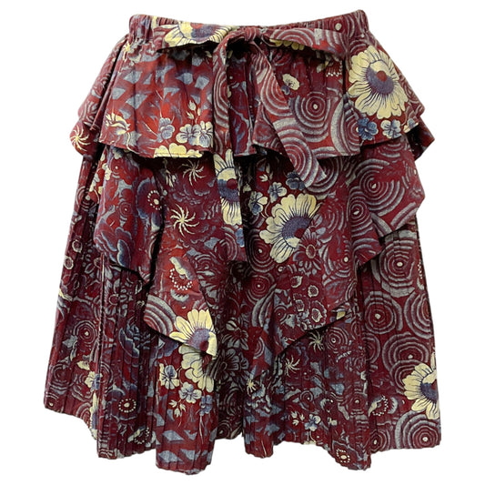 Ulla Johnson Sigrid Burgundy / Yellow Floral Print Tiered Mini Skirt
