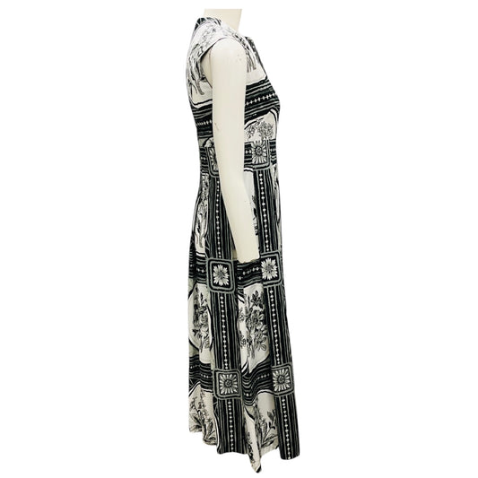 Lela Rose Black / White / Grey Floral Printed Sleeveless Cotton Midi Dress
