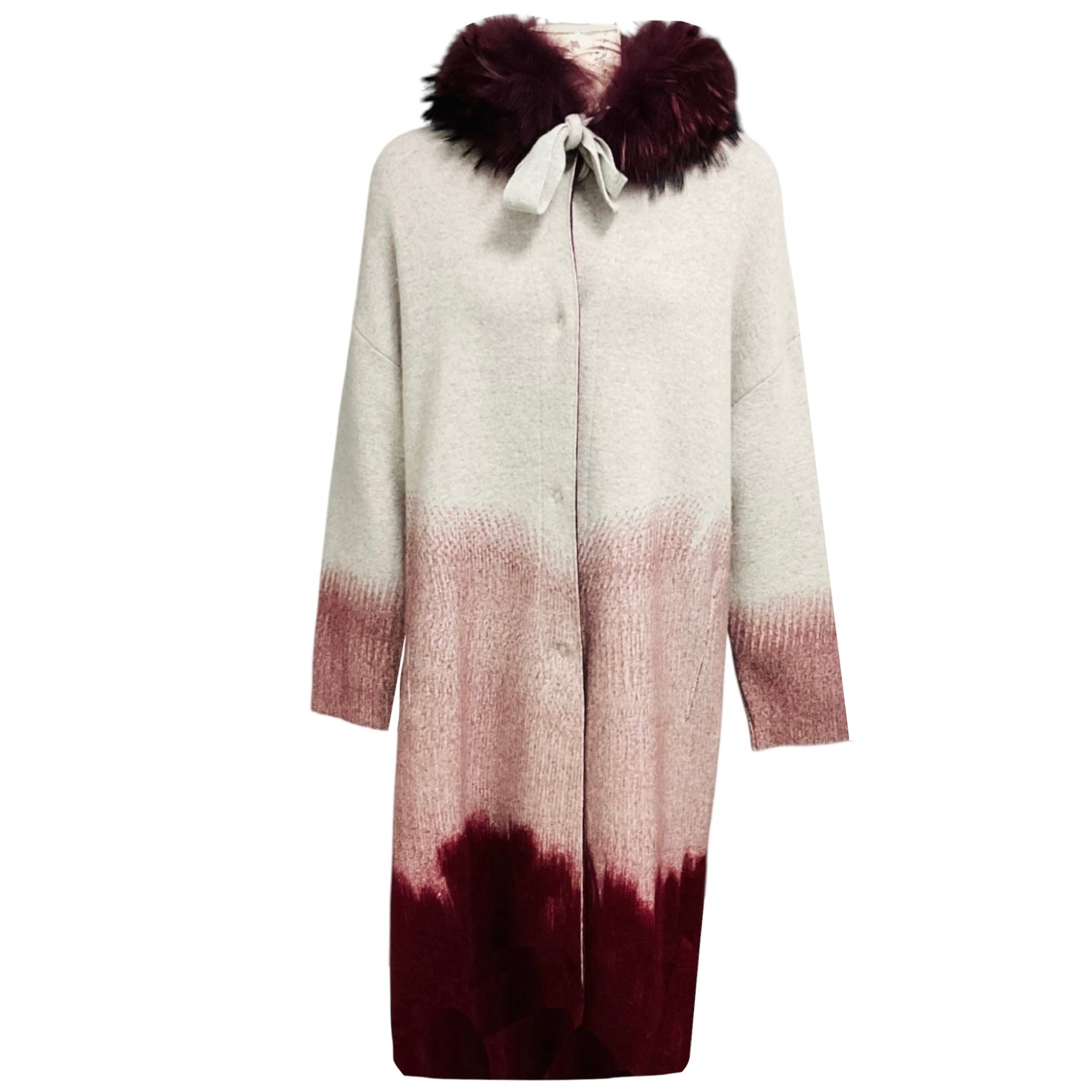 Suprema Light Grey / Burgundy Wool and Cashmere Knit Long Cardigan Sweater with Fur Collar