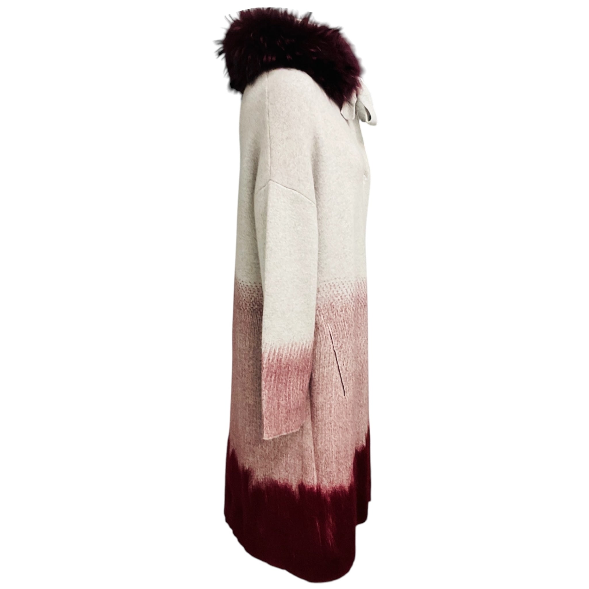 Suprema Light Grey / Burgundy Wool and Cashmere Knit Long Cardigan Sweater with Fur Collar