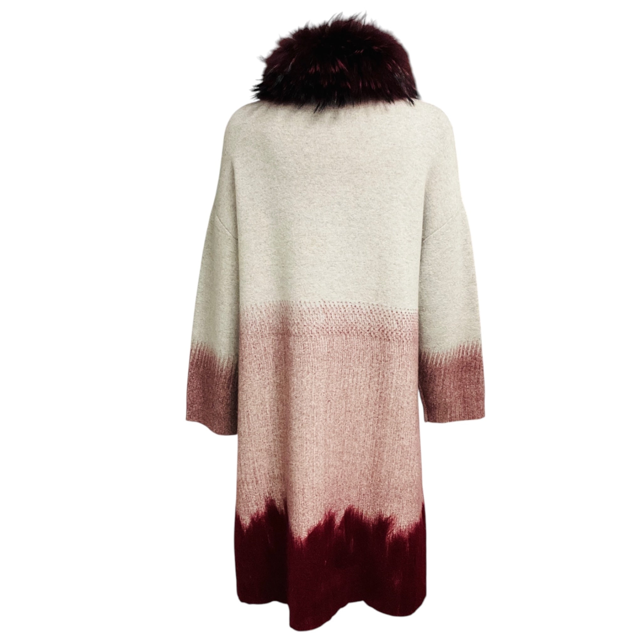 Suprema Light Grey / Burgundy Wool and Cashmere Knit Long Cardigan Sweater with Fur Collar