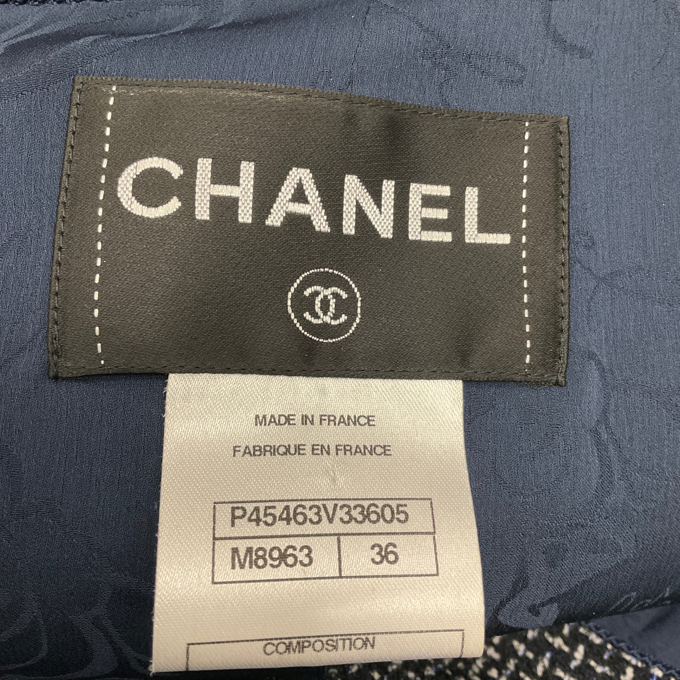 Chanel Black / White / Blue Zip Front Tweed Jacket