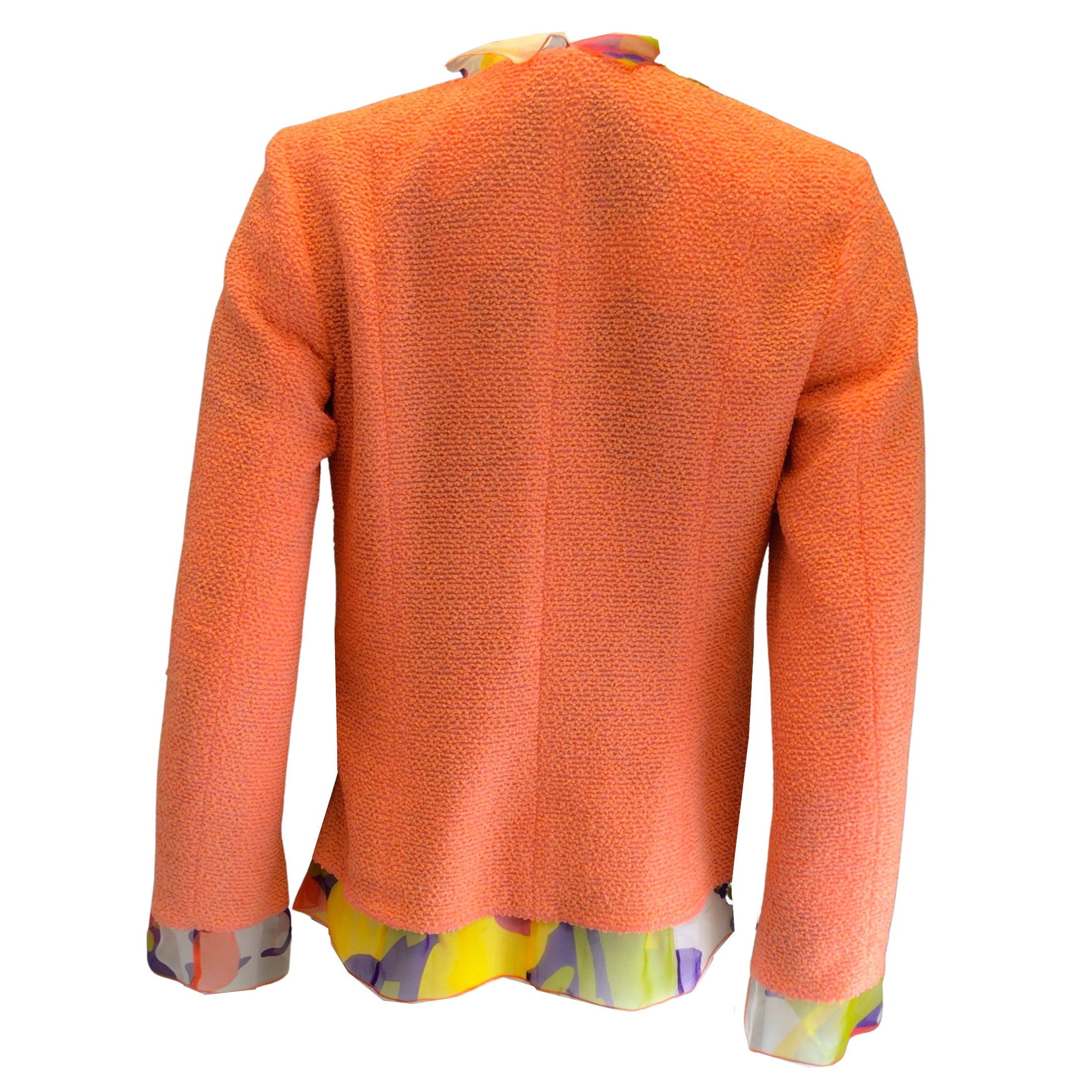 Chanel Orange Multi Vintage 2000 Silk Trimmed CC Logo Button Open Front Silk Lined Wool Jacket