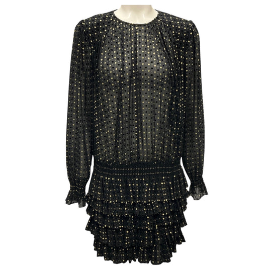 Saint Laurent Black / Gold Ruffled Long Sleeved Silk Mini Dress