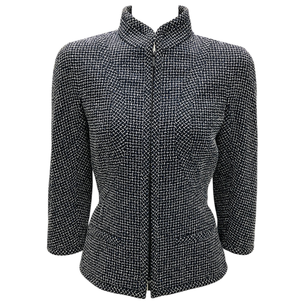 Chanel Black / White / Blue Zip Front Wool Tweed Jacket