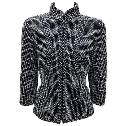 Chanel Black / White / Blue Zip Front Wool Tweed Jacket
