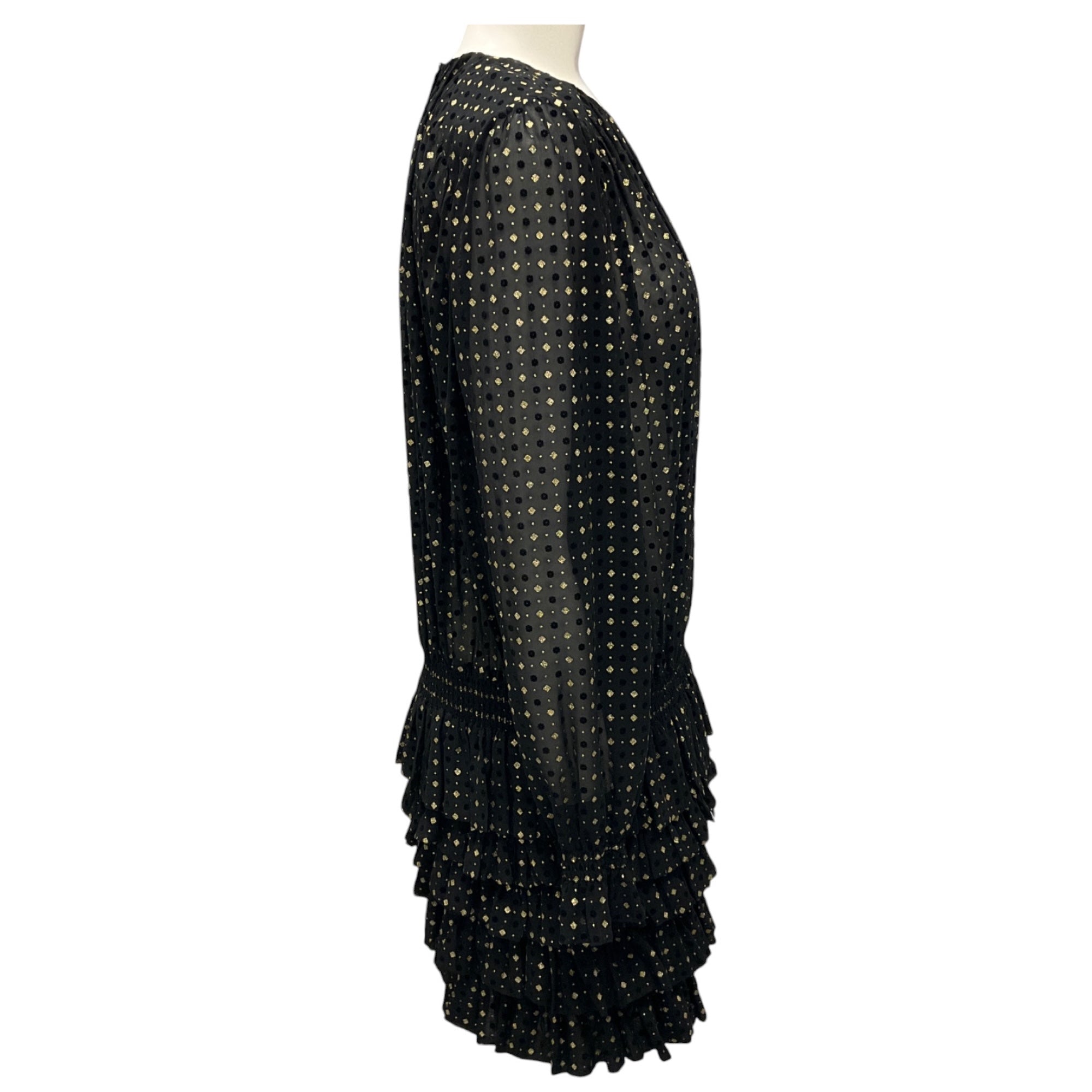 Saint Laurent Black / Gold Ruffled Long Sleeved Silk Mini Dress