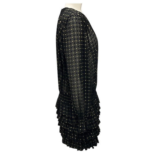 Saint Laurent Black / Gold Ruffled Long Sleeved Silk Mini Dress