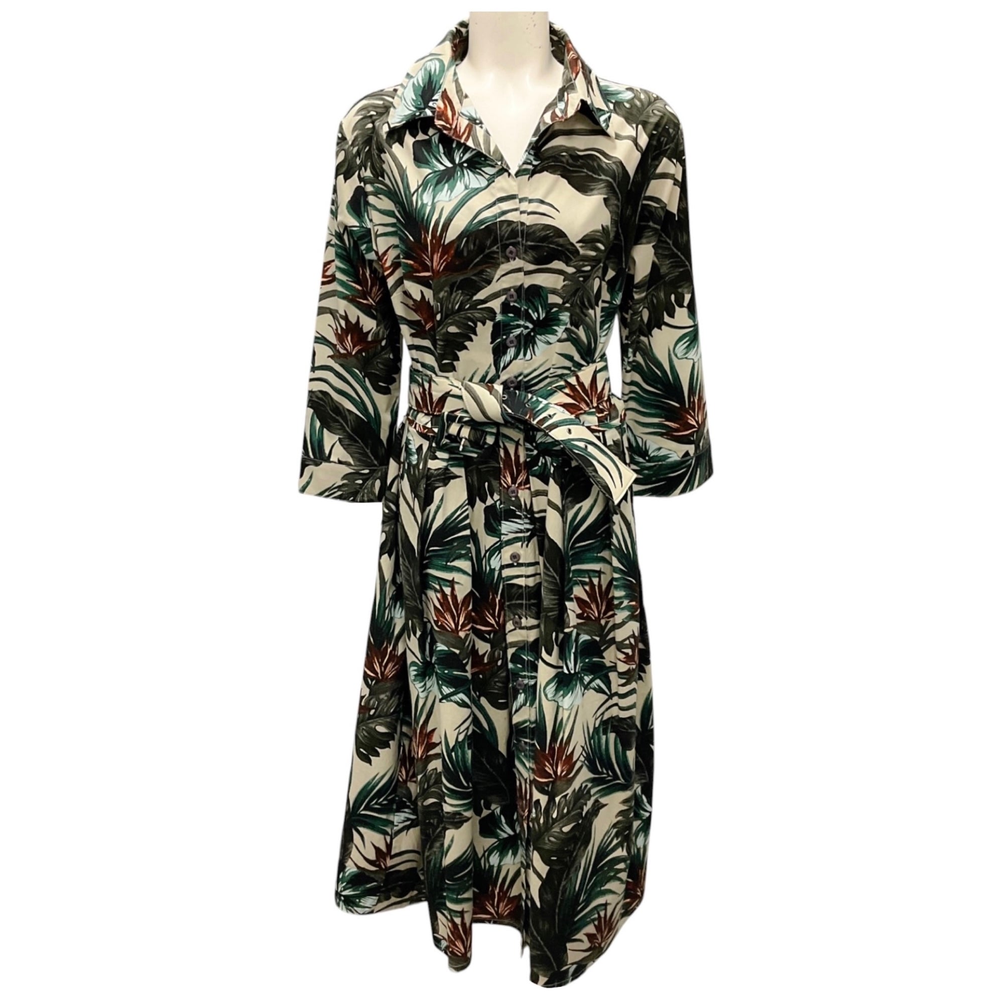Samantha Sung Green Multi Leaf Print Cotton Midi Dress with Belt