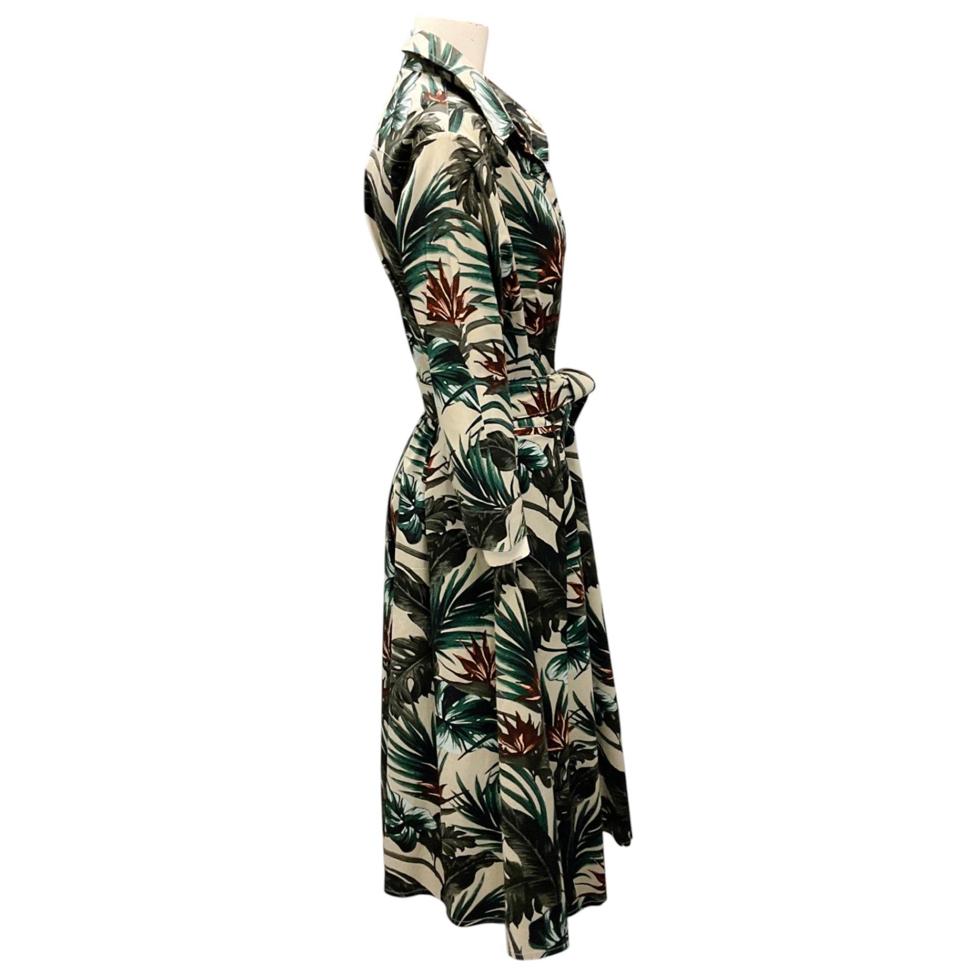 Samantha Sung Green Multi Leaf Print Cotton Midi Dress with Belt