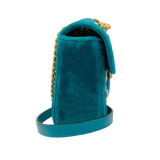 Gucci Teal Embellished Quilted Matelasse Velvet GG Marmont Small Shoulder Bag