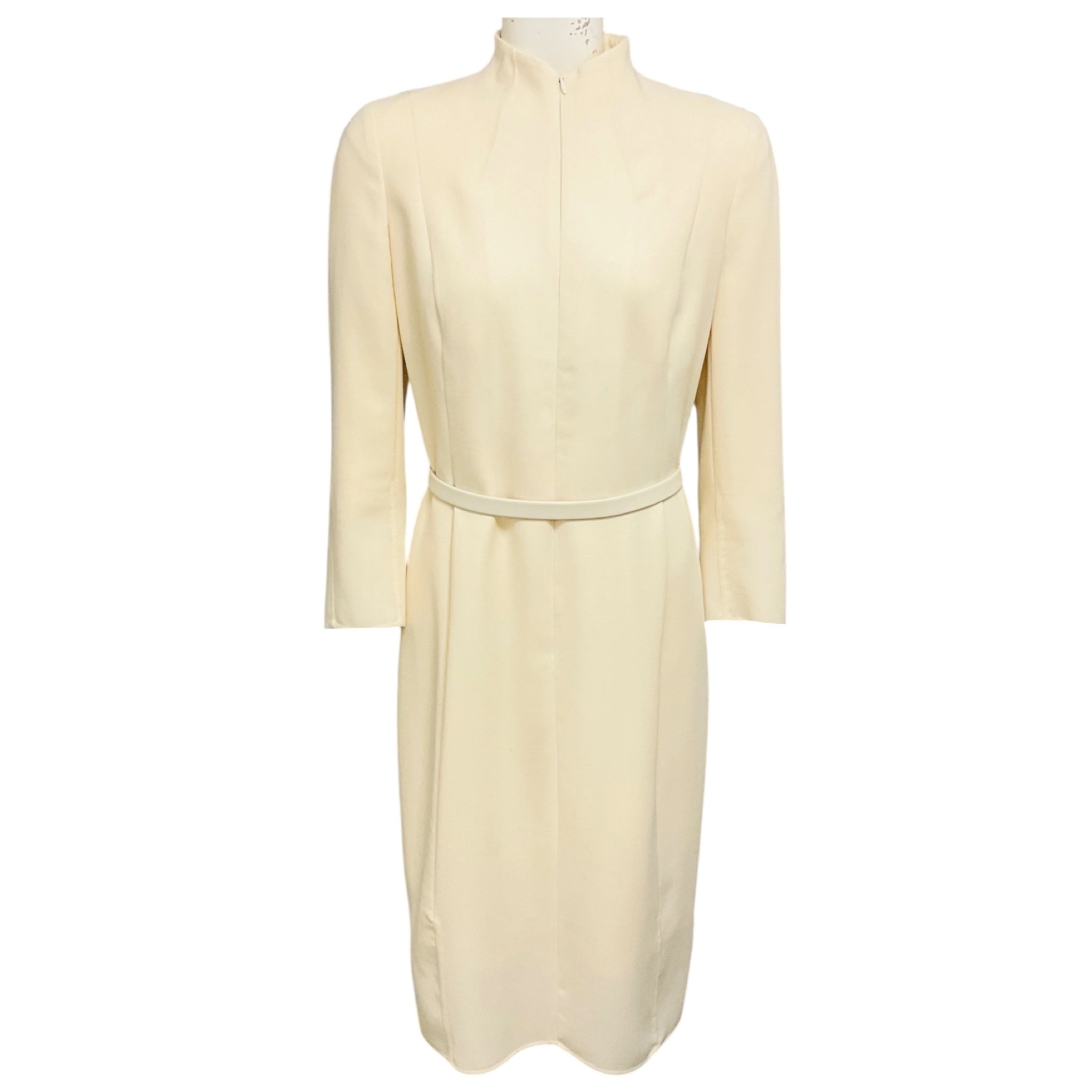 Akris Ivory Long Sleeved Zip Front Wool Crepe Midi Dress with Genuine Leather Belt