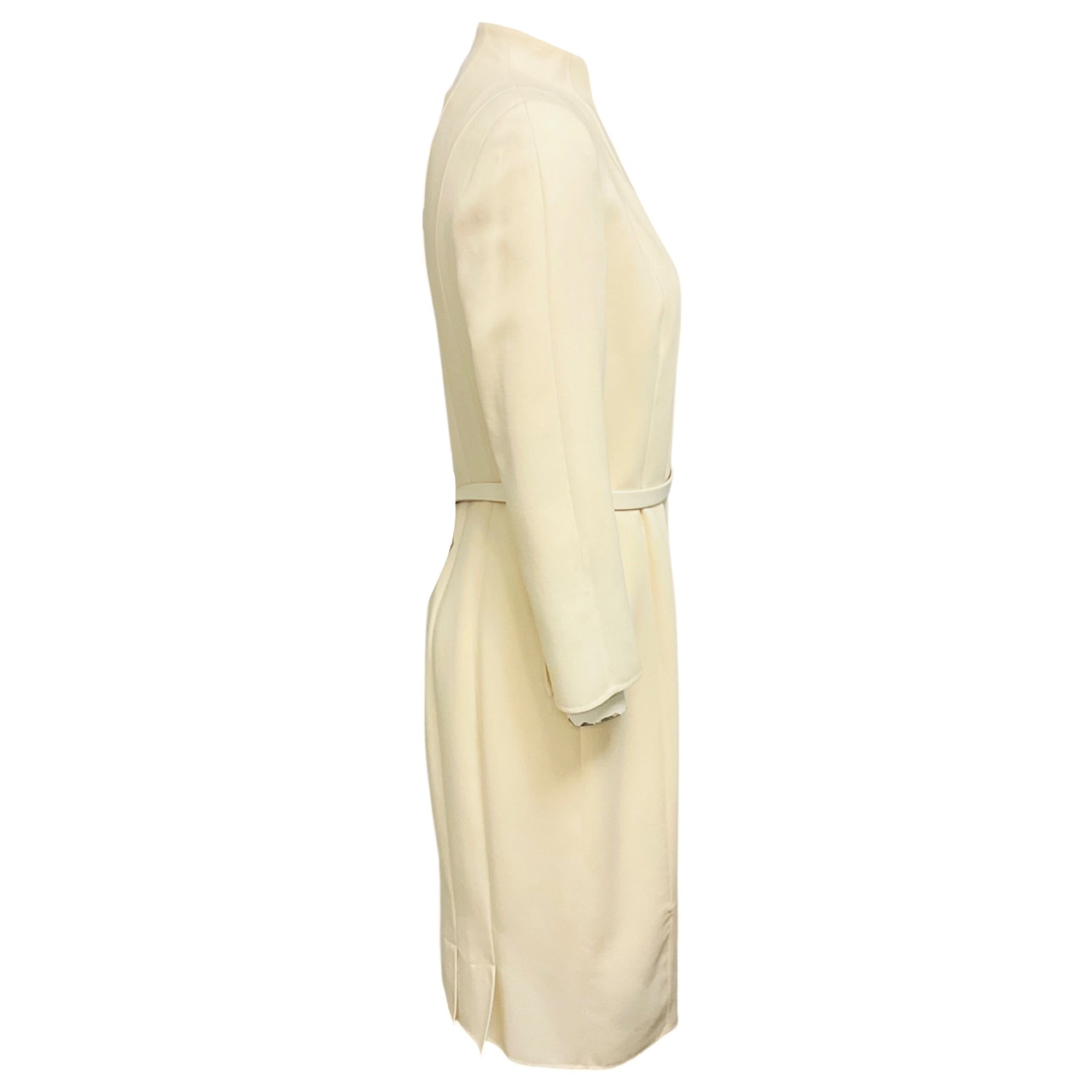 Akris Ivory Long Sleeved Zip Front Wool Crepe Midi Dress with Genuine Leather Belt