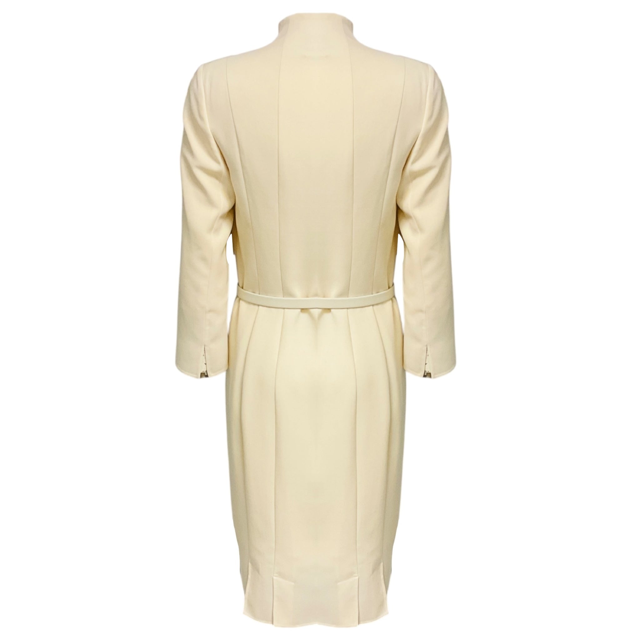 Akris Ivory Long Sleeved Zip Front Wool Crepe Midi Dress with Genuine Leather Belt