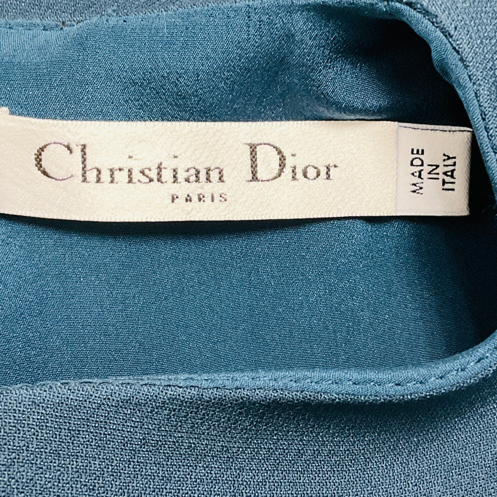 Christian Dior Teal Ruffled Sleeveless Crepe Fitted Midi Dress with Belt