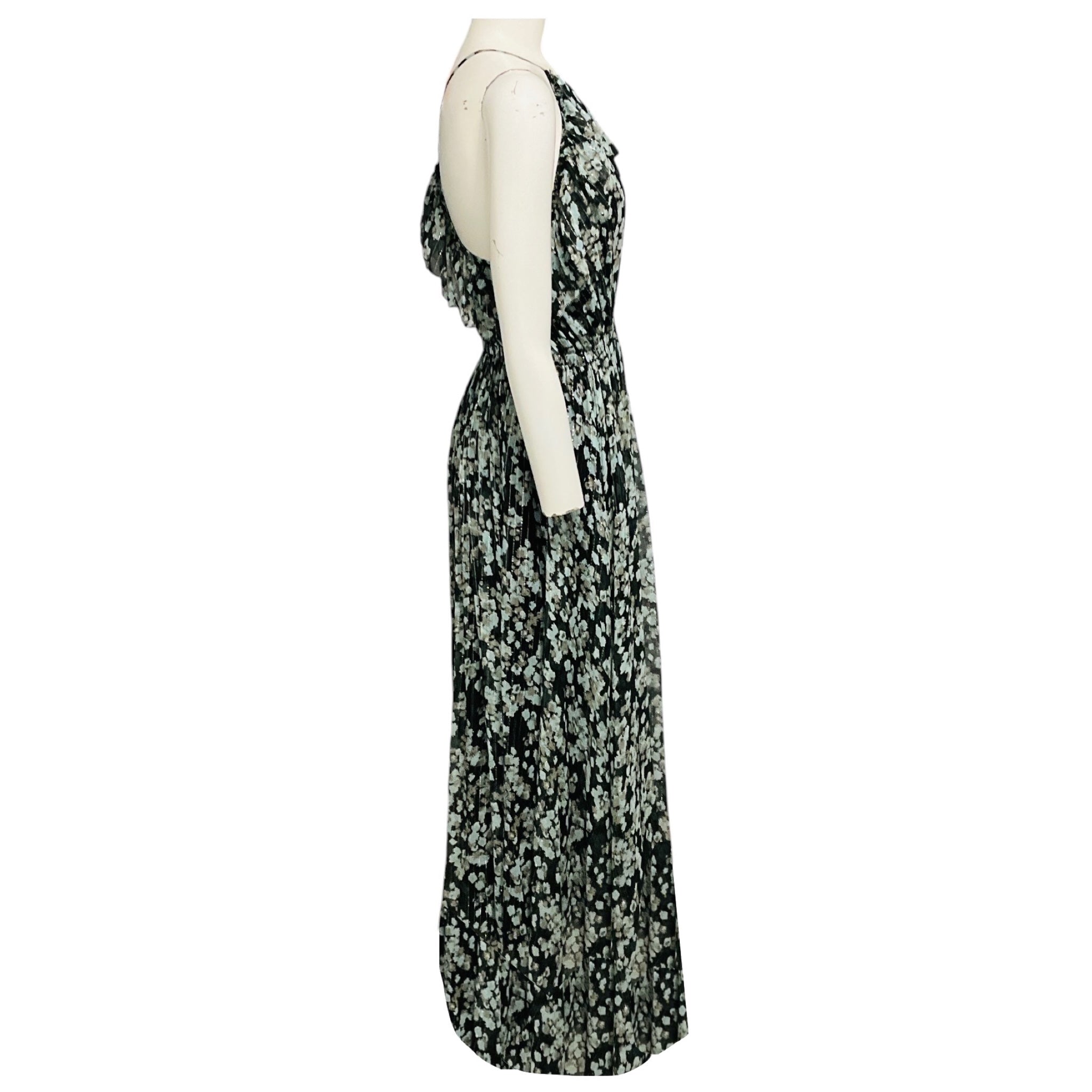 Jason Wu Black / Blue / Green / Silver Metallic Printed Lurex Detail Silk Maxi Dress