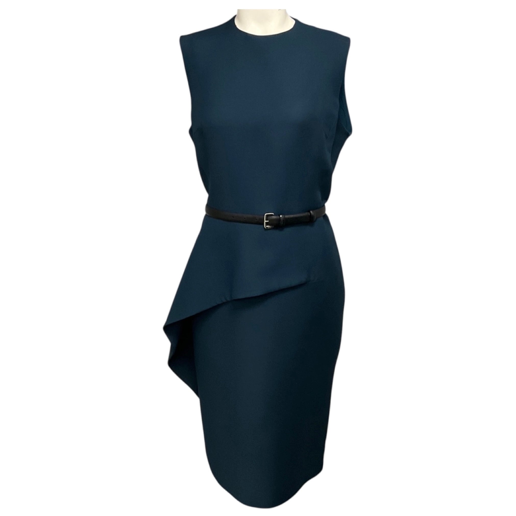 Christian Dior Teal Ruffled Sleeveless Crepe Fitted Midi Dress with Belt 