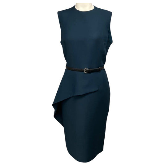 Christian Dior Teal Ruffled Sleeveless Crepe Fitted Midi Dress with Belt 