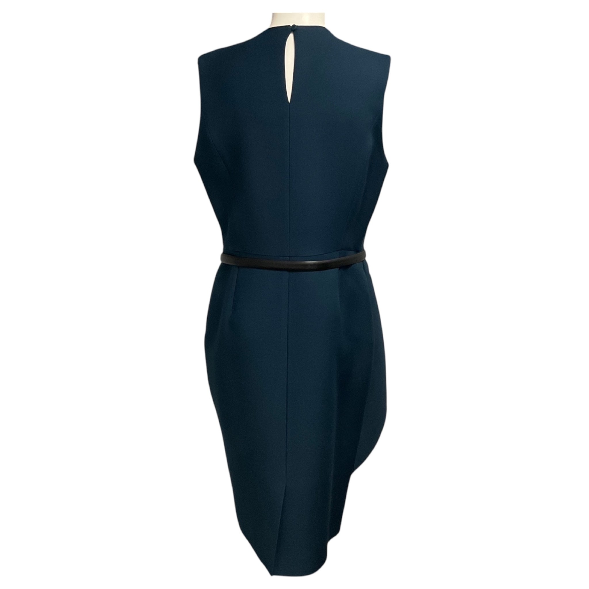 Christian Dior Teal Ruffled Sleeveless Crepe Fitted Midi Dress with Belt