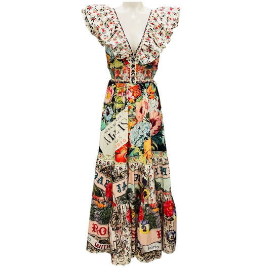 Camilla White Multi Aromatic Amor Print Tiered Dress with Neck Frill