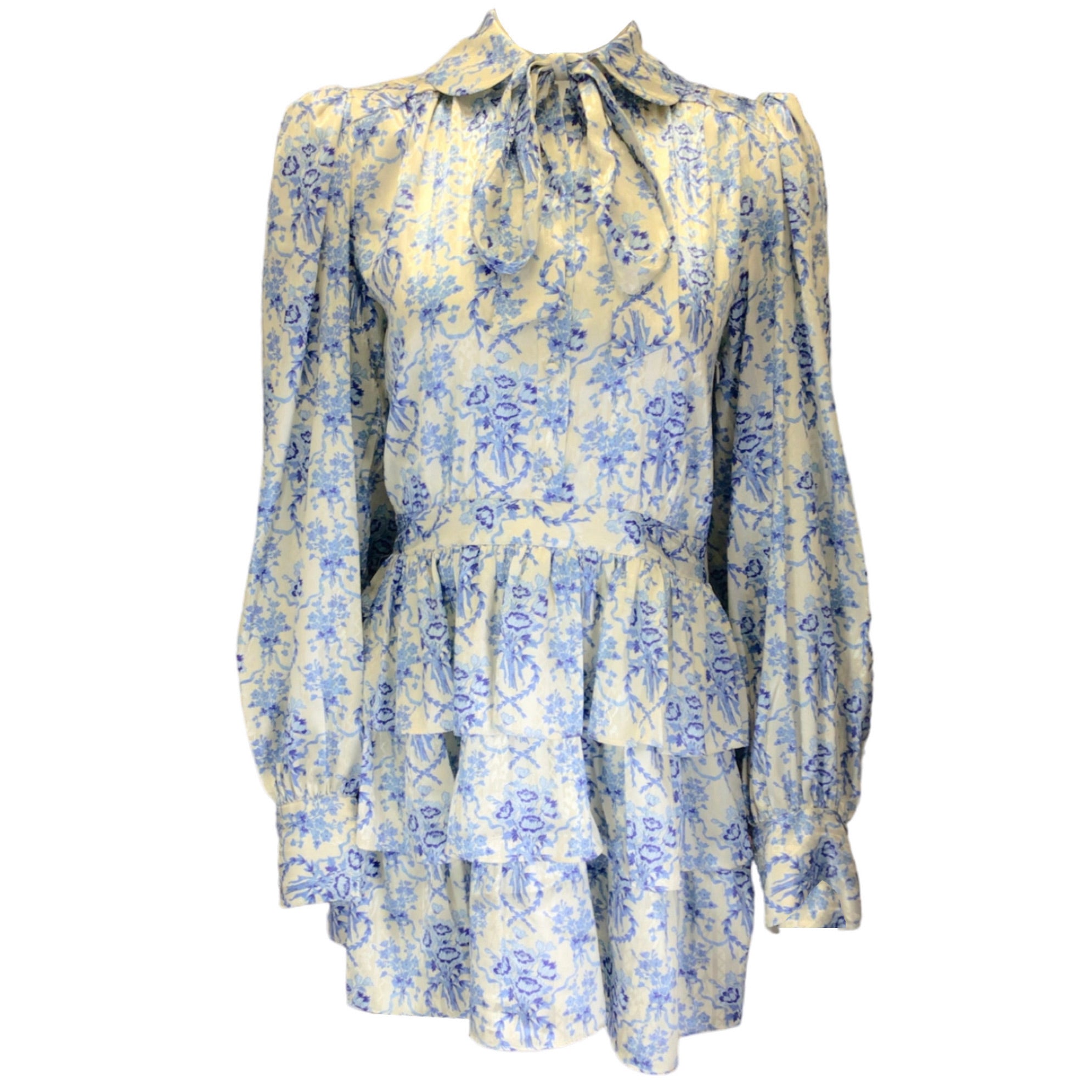 LoveShackFancy Ivory / Blue Daly Frosted Shores Print Floral Satin Mini Dress
