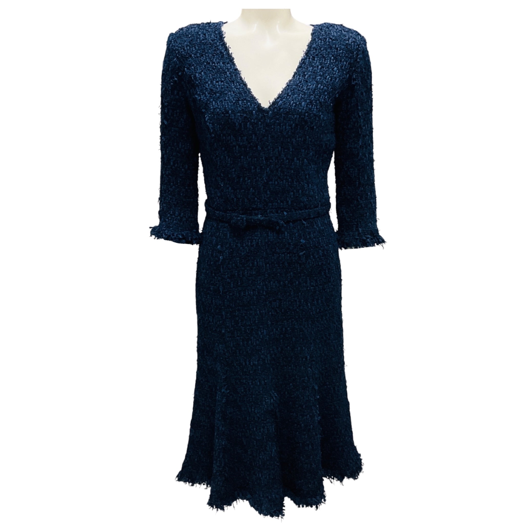 Oscar de la Renta Navy Blue Boucle Tweed Midi Dress with Belt