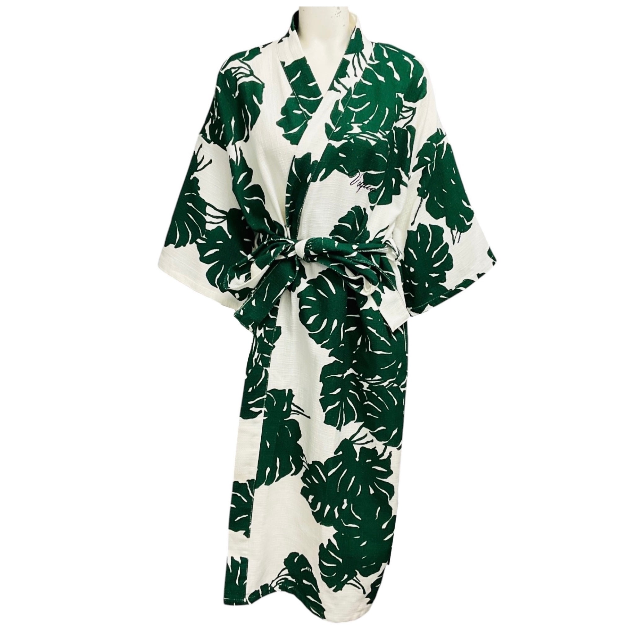 La DoubleJ x Six Senses Rome Green / White / Black Vogue Embroidered Leaf Print Cotton Robe with Belt