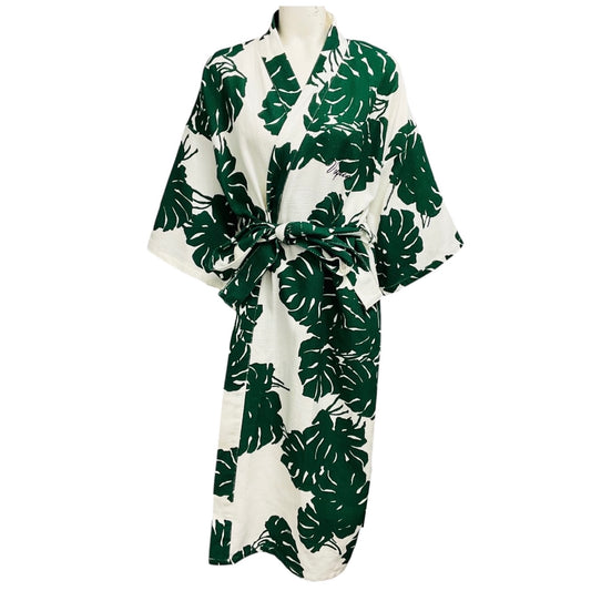 La DoubleJ x Six Senses Rome Green / White / Black Vogue Embroidered Leaf Print Cotton Robe with Belt